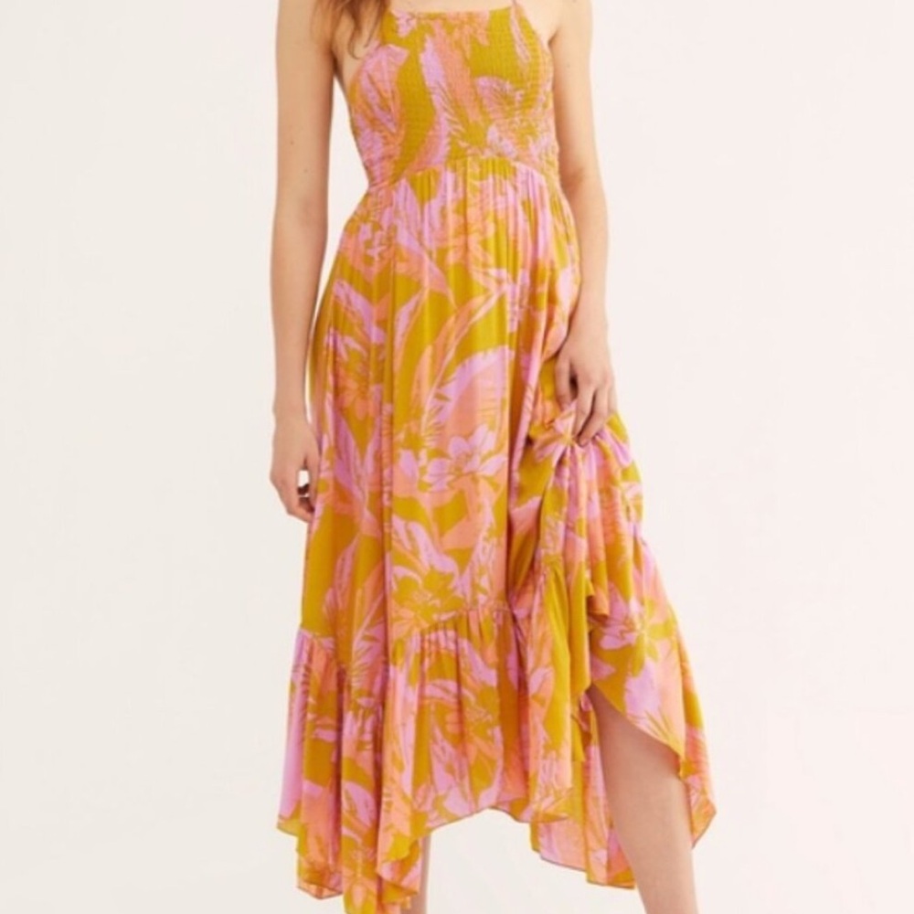 Free People Heat Wave Floral Smocked Maxi Dress Boho Halter Medium